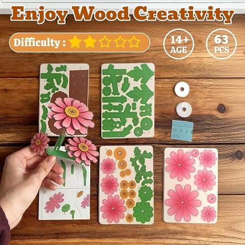 Evankin 3D Wooden Puzzle for Adults - Daisy Flower Bouquet Building Kit, DIY Wood Craft Kits, Home Decor Flower Model, Creative Gift for Women Mom Birthday Valentine's Day Christmas thumbnail 3