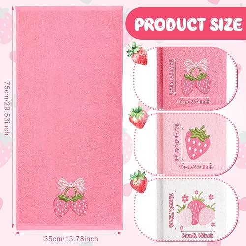 Tingjoo 3 Pcs Strawberry Hand Towels 14x29 Inch Spring Summer Bathroom Decor Farmhouse Pink Strawberry Cotton Embroidered Soft Absorbent Bathroom Decor Towels for Kitchen thumbnail 3