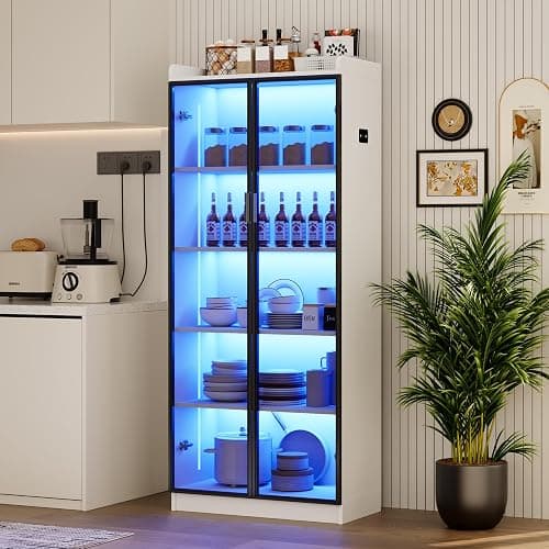 Display Cabinet with Doors and Adjustable Shelves, 65" Tall Bookcase with LED Lights/Human Sensor, 5 Tier Display Case for Collectibles Bedroom Living Room Office, White thumbnail 7
