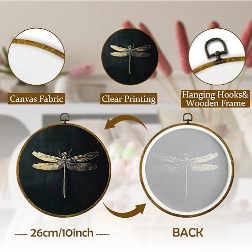 Mcehtle Moody Dragonfly Wall Art Decor, Vintage Dark Academia Insect Framed Canvas Prints 10x10, Cottagecore Minimalist Round Wall Hanging Artwork Decorations for Gallery Bedroom Living Room thumbnail 7