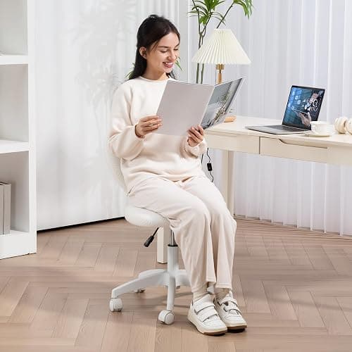 HOMCOM Armless Office Desk Chair, Height Adjustable Computer Task Chair, Modern Teddy Fleece Makeup Vanity Chair with Swivel Wheels, White thumbnail 8