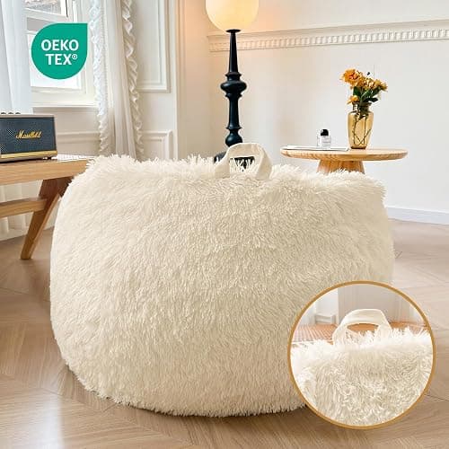 XeGe Fluffy Stuffed Animal Storage Bean Bag Chair Cover(No Filler), Faux Fur Washable Ultra Soft Bean Bag Cover for Plush Toys or Textile, Plush Shaggy Large Bean Bag for Adults Kids Teens, Beige thumbnail 5