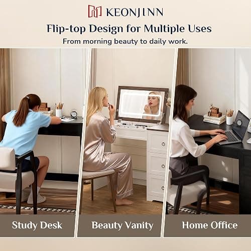 Keonjinn White Flip Top Vanity Desk with Mirror and Lights, 3 Drawers, Dimmable 3 LED Lighting Modes, Charging Station & Hairdryer Rack, 46" W Modern Farmhouse Makeup Dressing Table, NO Chair Included thumbnail 3