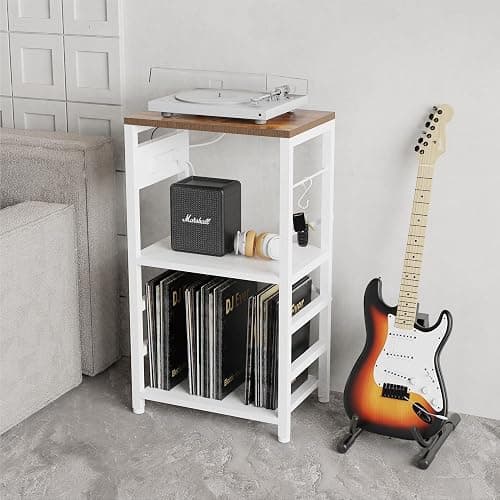 YAKANJ End Table with LED Light,Record Player Stand with Charging Station,Vinyl Records Storage,Turntable Stand Albums Storage for Music Room Studio-Industry White thumbnail 2