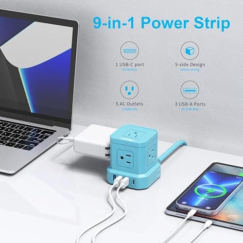 Power Strip with USB-C (3.0A), TOPREK Surge Protector (700J), TOPREK 10 FT Extension Cord with Flat Plug, 5 AC Outlets 4 USB, Desk Charging Station for Living Room, Nightstand, Office, Travel thumbnail 2