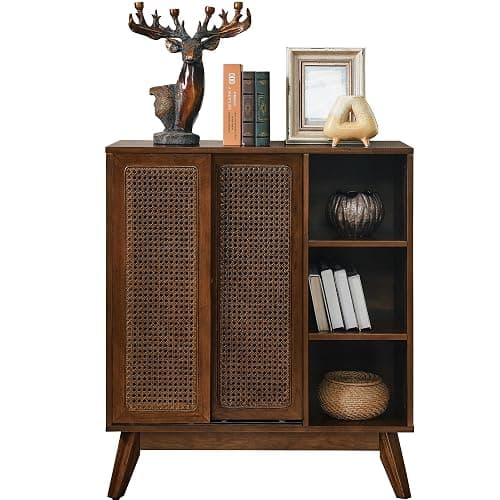 LKTART Mid Century Modern Storage Cabinet with Rattan Sliding Doors and Open Shelves, Boho Style Wooden Sideboard Buffet for Living Room,Dark Walnut - Image 1