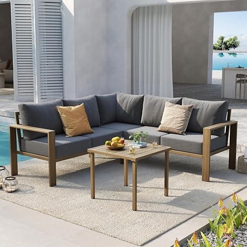 UDPATIO 6 Piece Patio Furniture Set, Metal Outdoor Sectional Sofa with 6" Thick Olefin Cushions, Wide Armrest & Coffee Table, L Shaped Outdoor Furniture for Garden, Backyard, Faux Wood Grain & Grey thumbnail 9