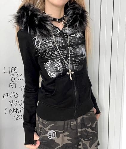 GOTHPICKUS Y2K Grunge Faux Fur Hoodies For Women Zip Up Vintage Punk Gothic Graphic Jacket Long Sleeves Ribbing Streetwear thumbnail 3