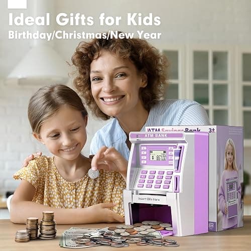 Purple Piggy Bank for Kids, ATM Machine Bank for Real Money with Debit Card, Bill Feeder, Coin Recognition, Balance Calculator, Electronic Savings Safe Box, Gifts for Teen Boy Girl thumbnail 2