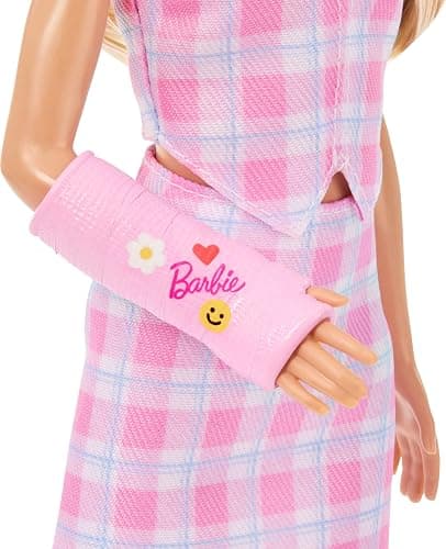 Barbie Fashionistas Doll #243 with Blonde Hair and Pink Arm Cast Accessory, Wearing Plaid Top and Skirt with Pink Loafers thumbnail 4