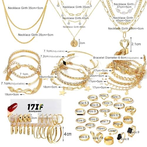 17IF 38-59 Pcs(9-8 Pack) Gold Plated Jewelry Set for Women With 8 Necklace 12 Bracelet 27 Ring 12 Pair Earring Hoop Simple Sparkle for Happy thumbnail 7