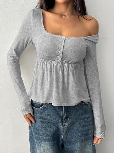 SOLY HUX Women's Babydoll Tops Long Sleeve Henley Shirts Cute Square Neck Coquette Peplum Top thumbnail 5