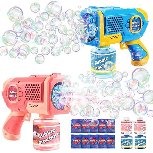 EagleStone 2 Pack Bubble Gun Machine for Kids, Automatic Light Up Bubble Blower with 4 Bottles 10 Bags Refill Solution, Bubble Guns Blaster for Toddlers, Outdoor Toys Gifts, Wedding Easter Party Favor - Image 1