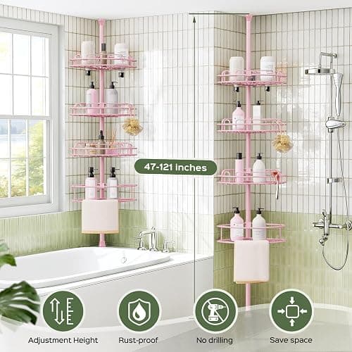 HAMITOR Corner Shower Caddy Tension Pole: 4-Tier Rust-Resistant Adjustable Bathroom Organizer Shelves - 47-121 Inch No-Drill Quick Installation - Space-Saving Storage for Renters Family - Pink thumbnail 2