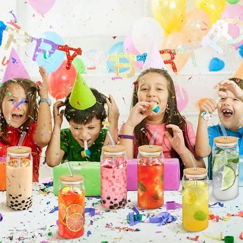 Glass Cup with Lids and Straw, 16oz Glasses Cups with Bamboo Lids and Straws Set of 6 Beer Glass Iced Coffee Glasses Cute Tumbler Cup for Fruit Juice, Smoothie, Boba Tea, Water thumbnail 7