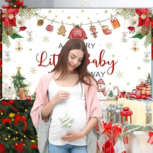 Avezano Christmas Baby Shower Backdrop A Little Merry Is on the Way Banner Xmas Winter Wonderland Newborn Baby Shower Party Decorations (6x3.6ft) thumbnail 4