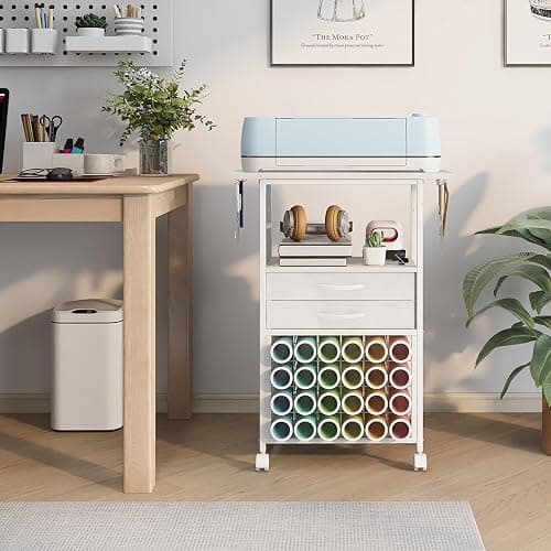VENNQD Organizer and Storage Stand Compatible with Cricut Machines,Rolling Storage Cart/Shelf with 24 Vinyl Roll Holders，2 Fabric Drawer,Accessories Holder,Tool Hook for Craft Room Home (white) thumbnail 2