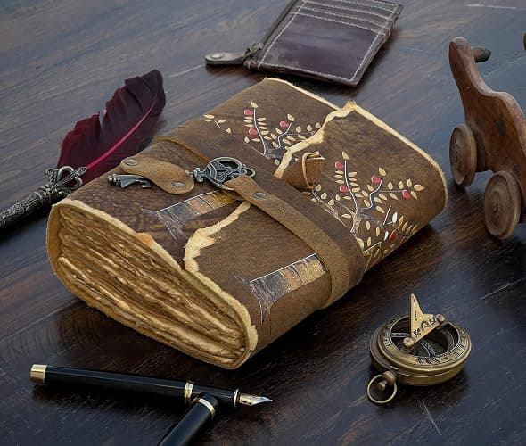 Tree of Life Leather Journal - Antique Handmade Deckle Edge Vintage Paper Leather Print Bound Journal - Book of Shadows Journal - Leather Sketchbook - Drawing Journal - Great Gift (7x5) thumbnail 2