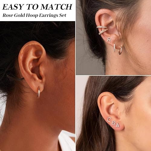 Ritach Gold Earrings for Women Girls - 3 Pairs Gold/Silver/Rose Gold Hoop Earrings for Women Girls CZ Initial Stud Earrings for Girls Hypoallergenic Earrings Set for Multiple Piercing thumbnail 4