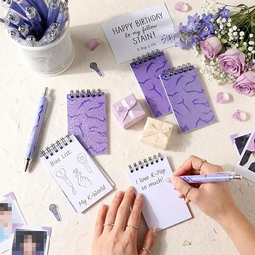 Weekgrat 24 Pcs Purple Notebooks and 24 Pcs Ballpoint Pens Kpop Theme Pocket Notepads Memo Books Set Teacher Classroom Rewards Supplies Birthday Partys Gift thumbnail 6
