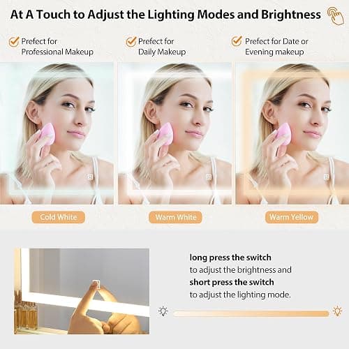 ANWBROAD Vanity Desk Table with Lighted Mirror 39.4“ Girls Makeup Vanity with Power Outlet 3 Colors Lighting Adjustable Brightness Vanity Table for Women Bedroom Dressing Room White UBDT65W thumbnail 3