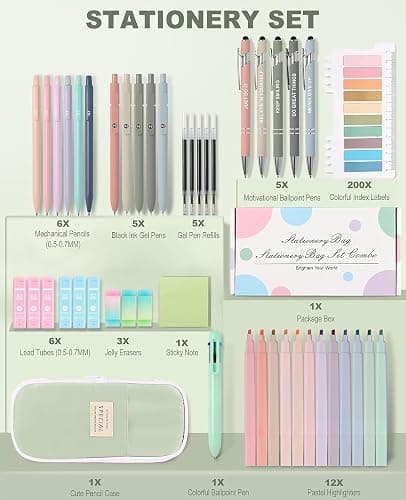 56 PCS Aesthetic School Supplies with Pencil Case, 5 Inspirational Ballpoint Pens, 12 Pastel Highlighters, 5 Black Ink Gel Pens, 6 Mechanical Pencils 0.5-0.7mm Preppy School Supplies Xmas Gift(Green) thumbnail 2