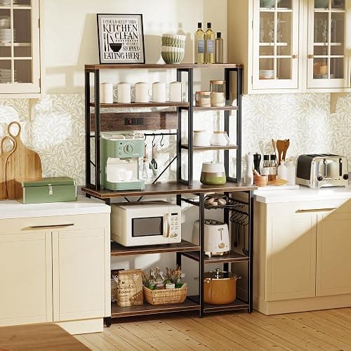 SUPERJARE Large Bakers Rack with Power Outlets, 6-Tier Microwave Stand, Coffee Bar with 12 S-Shaped Hooks, Kitchen Shelf with Wire Basket, 39.4 x 14.6 x 66.9 Inches, Rustic Brown thumbnail 7