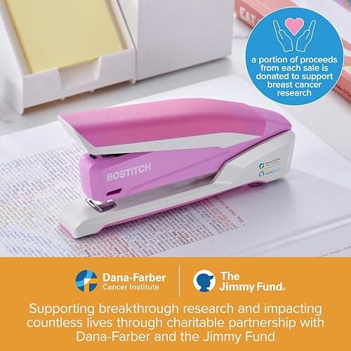 Bostitch Office InPower Spring-Powered Desktop Stapler, 20 Sheet Capacity, One Finger Stapling, Includes 210 Staples, Jam Free, Opens for Tacking, Breast Cancer Awareness Pink thumbnail 4