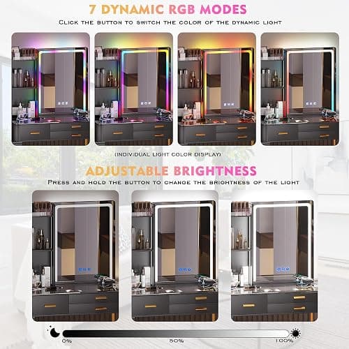 HNEBC Vanitys with HD Glass Display Table, Makeup Desk with Lighted Mirror and Charging Station, Dressing Table with RGB Lights,Jewelry Organizer,Cabinet,6Drawers,Chair for Women/Girls (Black) thumbnail 5