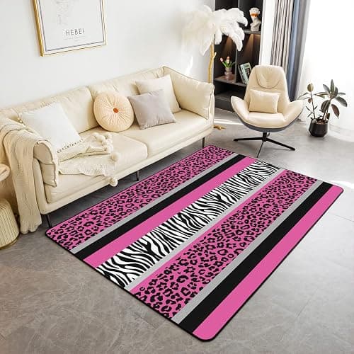 jejeloiu Leopard Living Room Rugs Area Rug 4x5 Pink Black White Stripe Accent Rug Set for Cheetah Indoor Floor Mat Non-Slip Safari Animal Zebra Print Non Slip Area Runner Rug - Image 1