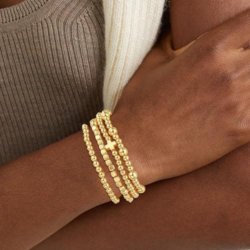 COLOYAN 10PCS Gold Bracelets for Women Stack, Cross Beaded Strand Bead Ball Stackable Gold Bracelet, Pearl Beaded Bracelets Elastic Bracelet Set thumbnail 3