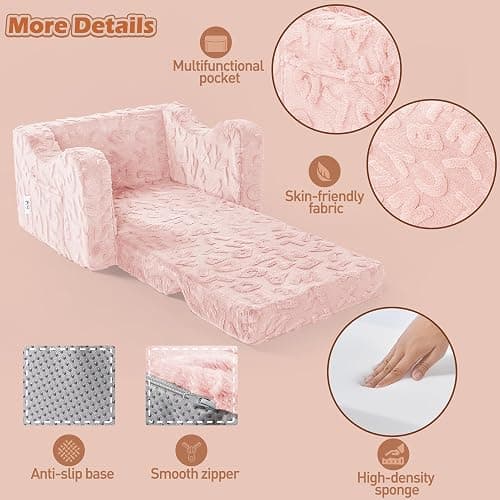 KokoSelene Toddler Chair,  2-in-1 Soft Toddler Couch Fold Out, Convertible Kid Sofa to Lounger, Comfy Kids Couch for Girls and Boys (Pink) - Pink thumbnail 6