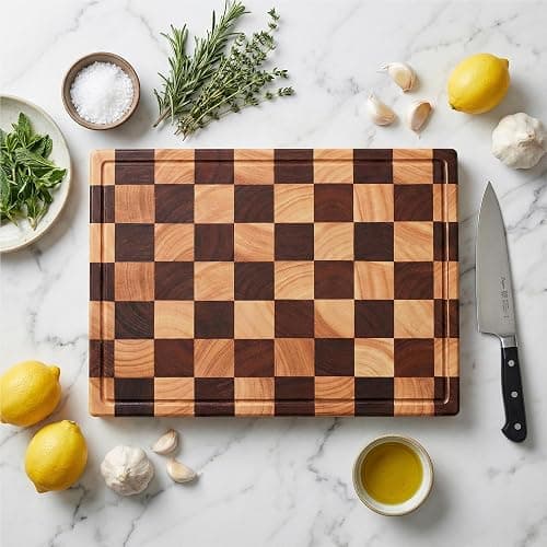 Large Wood Cutting Board-"16.5x11.6”100% Organic Acacia Wood Cutting Board, Checkered Wooden Cutting Board for Kitchen, End Grain Butcher Block with Deep Juice Groove, Built-In Handle & Non-Slip Pads thumbnail 2