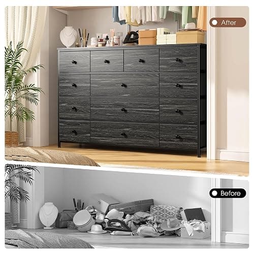 Black Dresser TV Stand with 13 Fabric Dresser 45 Inch TV Stand for Bedroom Chests of Drawers for Bedroom, Entryway, Wood Top and Sturdy Frame thumbnail 7