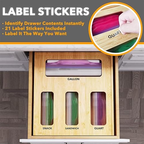 SpaceAid Bag Storage Organizer for Kitchen Drawer, Bamboo Organizer, Compatible with Gallon, Quart, Sandwich and Snack Variety Size Bag (1 Box 4 Slots) thumbnail 4