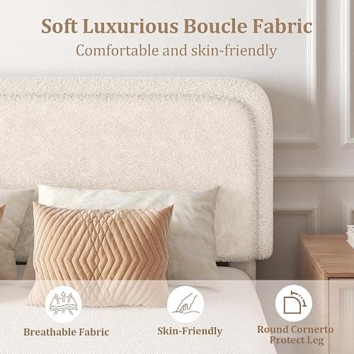 SwnftWinnt Queen Size Boucle Bed Frame with Adjustable Headboard, Upholstered Cloud Platform Bed, Anti-Collision Soft Rounded Corners, No Box Spring Needed, Easy Assembly, Noise Free, Beige thumbnail 5