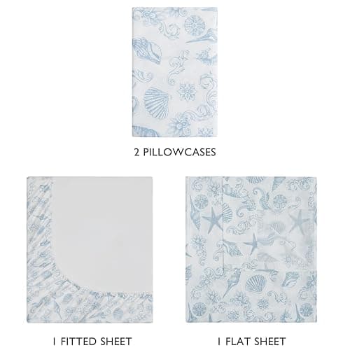 Caribbean Joe Queen Coastal Print Microfiber Sheet Set, Coastal Brocade | Soft, comfortable 100% polyester microfiber 4-piece set with 12" deep pockets and a coastal seashell pattern thumbnail 4
