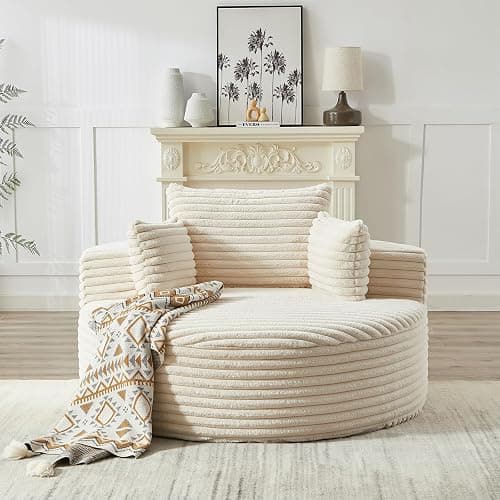 Oversized Round Chaise Longue Chair Indoor, Modern 55-inch Upholstered Corduroy Deep Seat Circle Single Cloud Lounge Floor Sofa Chair for Living Room, Bedroom Apartment, Beige thumbnail 9