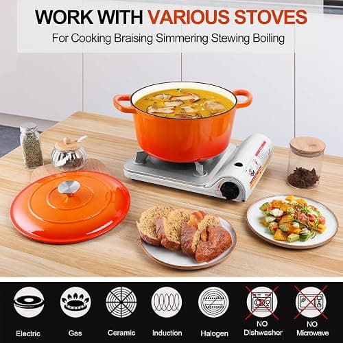 P&P CHEF 6QT Enameled Dutch Oven, Cast Iron Dutch Oven Pot with Lid for Bread Baking, Enameled Casserole Pot for Roasting Braising Stewing Frying Simmering, Various Stoves & Easy Clean, Orange thumbnail 5