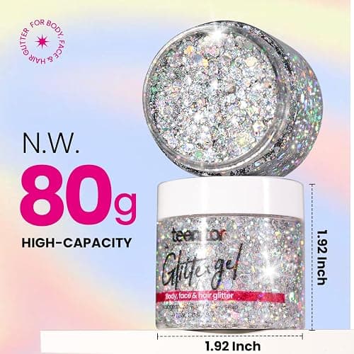 Teenitor Body Glitter, Body Glitter Gel, Hair Glitter, Face Glitter, Holographic Chunky Makeup Silver Glitter Gel for Face, Makeup, Hair, Eye thumbnail 2