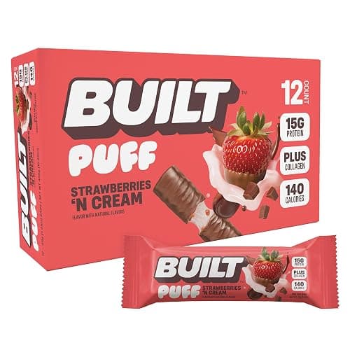 Built Bar, Puff Protein Bars, Strawberries 'N Cream Puff, 15g Protein Snacks, On-The-Go Bars, Only 140 Calories, 8g Sugar, Collagen, Gluten Free, 12 Count - Image 1