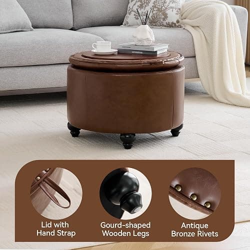 WUTUTUEE 24Inch Round Storage Ottoman with Tray, Modern Tufted Leather Circle Coffee Table with Storage, Upholstered Ottoman with Removable Top for Living Room, Bedroom, Leather Coffee thumbnail 3