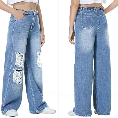 EXARUS Girls Jeans Baggy Pants Wide Leg/Flare Teen Clothes Ripped Denim Tween Preppy Casual Youth Kids Junior 6-14Y thumbnail 2