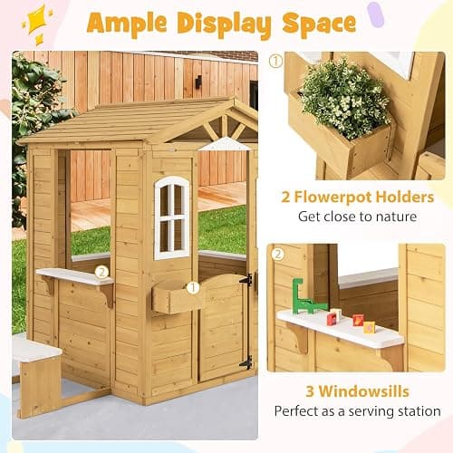 Costzon Outdoor Playhouse, Fir Wood Patio Pretend Play Center w/Bench, Mailbox, Fence, Serving Stations, Flowerpot Holders, Windows & Door, Children Play House for 2+ Years Old Kids thumbnail 5