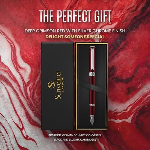 Scriveiner Deep Crimson Red Fountain Pen - Stunning Luxury Pen with Chrome Finish, Schmidt Nib (Medium), Best Pen Gift Set for Men & Women, Professional, Executive, Office, Nice Pens thumbnail 8