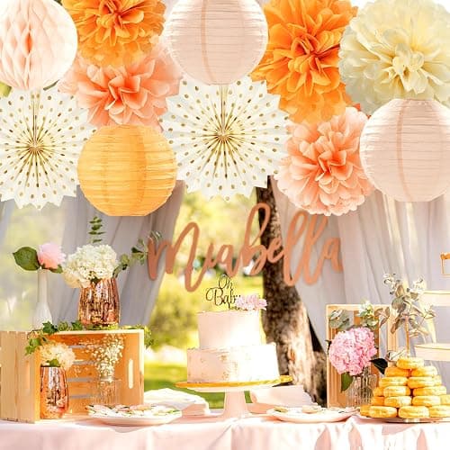 Beige-Orange Peach Fall Party-Decorations Paper-Lanterns- 14pcs Autumn Thanksgiving Harvest Birthday Boho Streamers Fan,Tissue Pom Poms, Baby Bridal Shower Wedding Engagement Decor Lasting Surprise thumbnail 2