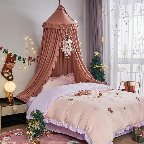VETHIN Bed Canopy for Girls,Princess Round Dome Dreamy Mosquito Net Bedding Girls Room Castle Play Tent Hanging House Decor Reading Nook Canopies (JujubeRed) thumbnail 2