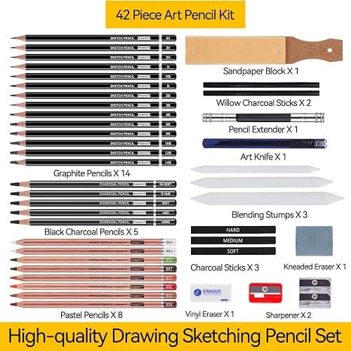 PANDAFLY Drawing Sketching Pencil Set, 42 Pack Pro Art Pencil Kit with Graphite Pencils (14B-4H), Charcoal Pencil, Ideal for Shading, Blending, Drawing Set for Beginners & Pro Artists thumbnail 3