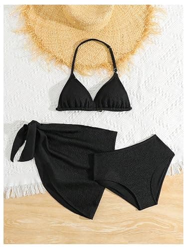 SHENHE Girl's 3 Pieces Halter Triangle Bikini Sets Spaghetti Strap Swimsuit Smocked Bathing Suit with Beach Skirt thumbnail 5