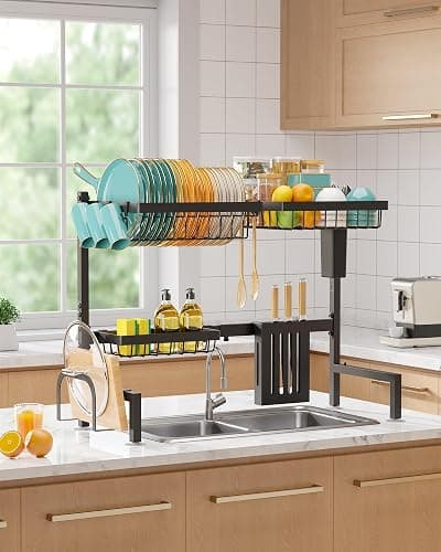 Sakugi Over The Sink Dish Drying Rack - Adjustable 2 Tier Large Capacity Stainless Steel Drainer with Cutlery & Utensil Holders, Kitchen Storage & Organization, 30"-33.9" L x 11" W x 21.5" H, Black thumbnail 7